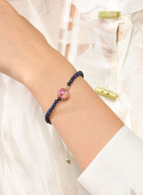 天然青金石沙金运珠蓝色细手链手饰女小众转运珠串珠手串高级感