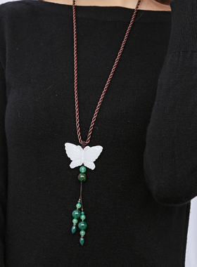 纯然饰品白玉蝴蝶绿色女学生项链