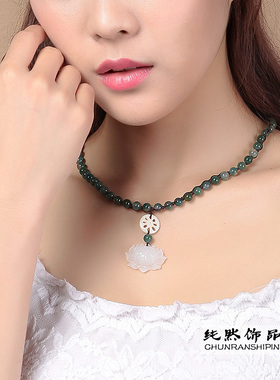 纯然水草玛瑙项链白玉莲花民族风