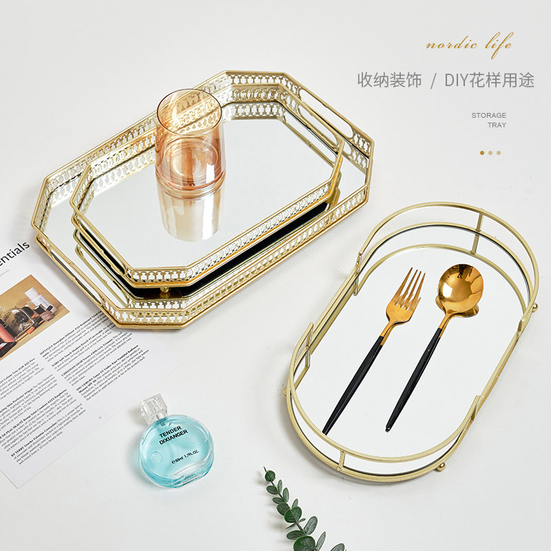 欧式镜面玻璃金色收纳托盘家用客厅茶几轻奢高级感长方形茶杯盘子,淘宝优惠券,粉丝福利购,淘宝优惠卷