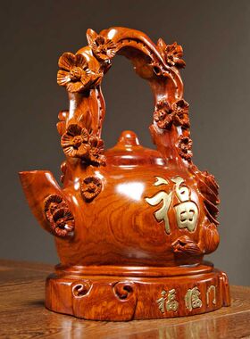 花梨木雕福临门茶壶摆件喜上眉梢家居客厅电视柜装饰红木工艺礼品