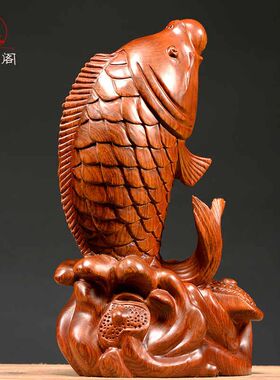 黄花梨木雕鱼摆件家居饰品木头仿古办公桌鲤鱼摆件红木雕刻工艺品