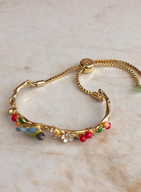 18K镀金森系珐琅彩釉雏菊镶钻花朵树叶小鸟可调节手链手镯女手环