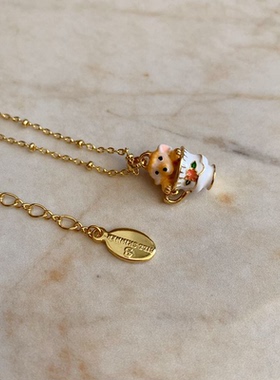 小众高级彩绘珐琅可爱立体小狗茶杯吊坠项链卡通小动物短款锁骨链
