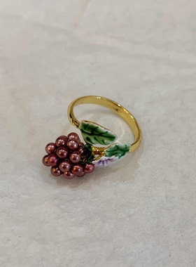 18K镀金彩绘珐琅精致花瓣花朵树叶子黑莓珍珠戒指指环开口可调节