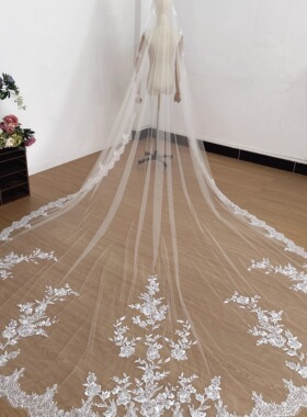 新娘结婚婚礼长拖尾多种带法写真米色高清纱精致拼接蕾丝拍摄头纱