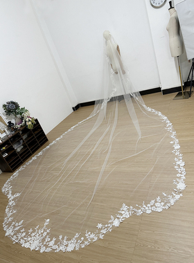 重工钉珠蕾丝新娘头纱扇形大拖尾
