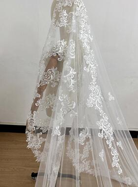 高级感奢华蕾丝刺绣新娘主婚长款头纱韩国高清纱复古新娘头饰定制