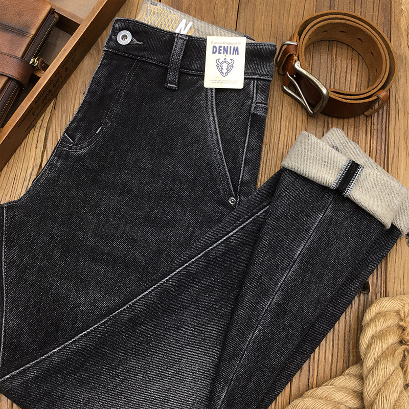 黑灰色加绒牛仔裤男九分裤冬季保暖厚款磨毛弹力修身直筒抓绒长裤,淘宝优惠券,粉丝福利购,淘宝优惠卷