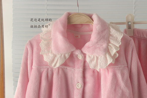 女孩加厚法兰绒珊瑚绒花边开身长袖长裤睡衣家居服套装保暖冬童装 - 图2