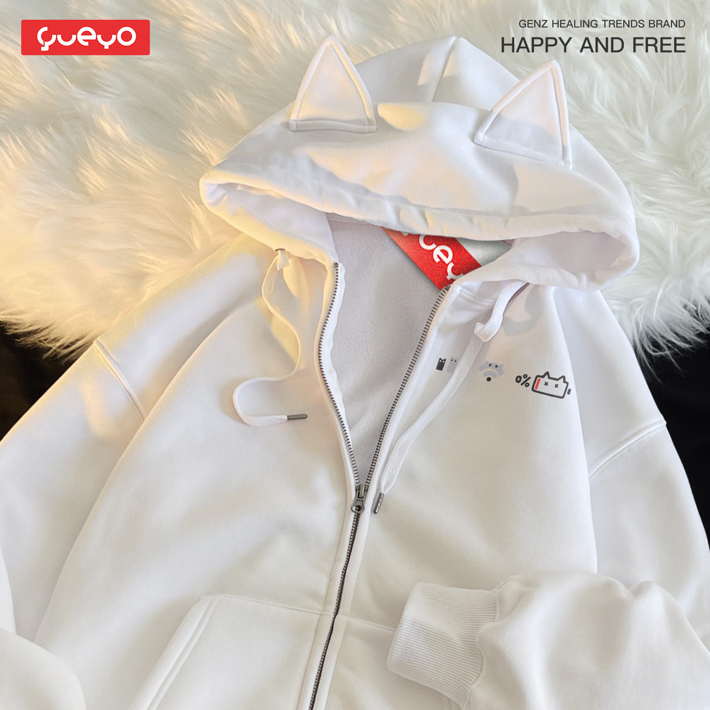 悦游 手机图标三连 加绒宽松拉链猫耳连帽卫衣男外套休闲原创猫咪,淘宝优惠券,粉丝福利购,淘宝优惠卷