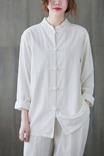棉麻复古立领中式盘扣上衣秋春款太极服女禅意宽松大码外套茶服潮 - 图3