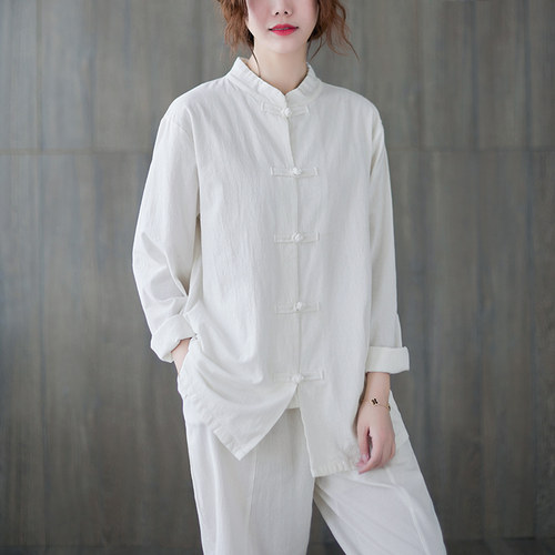 棉麻复古立领中式盘扣上衣秋春款太极服女禅意宽松大码外套茶服潮 - 图2