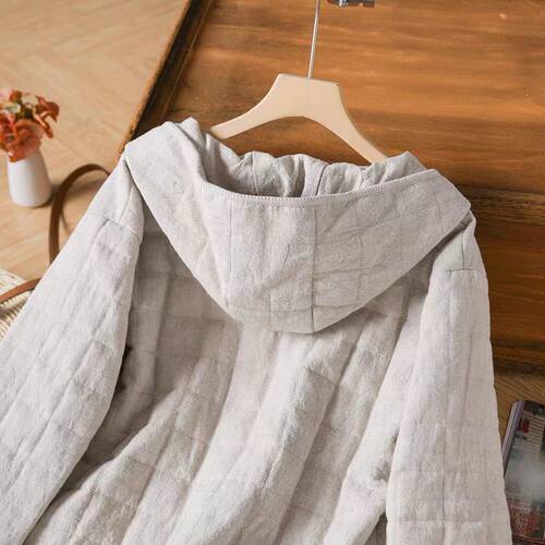 冬新款 棉麻棉服外套绗棉文艺复古牛角扣外套冬 纯色小棉衣连帽款 - 图0