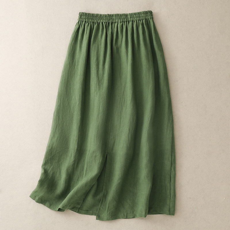 夏季新款文艺复古纯色棉麻中长款侧开叉显瘦半身裙女绿色休闲裤子,淘宝优惠券,粉丝福利购,淘宝优惠卷