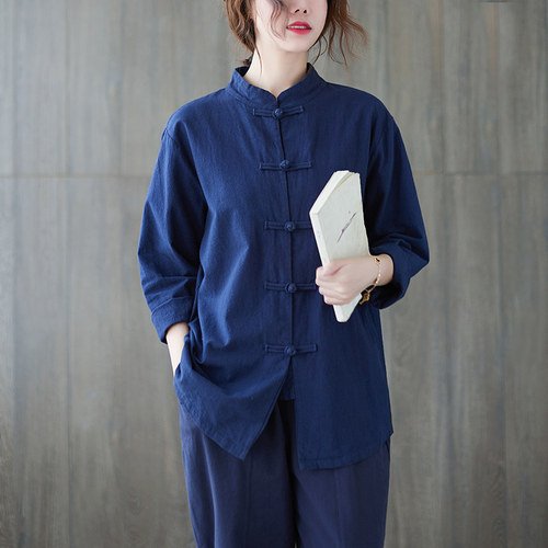 棉麻复古立领中式盘扣上衣秋春款太极服女禅意宽松大码外套茶服潮 - 图1