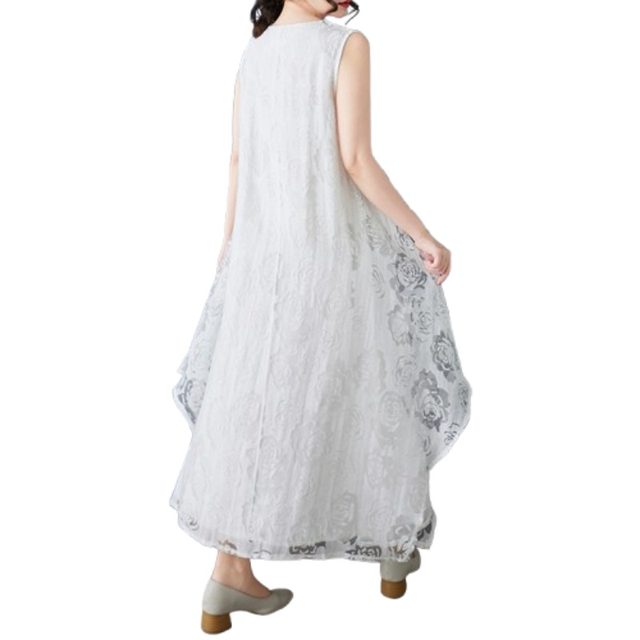 Summer new style hollow flower temperament V-neck sleeveless lace mesh dress sleeveless vest skirt solid color