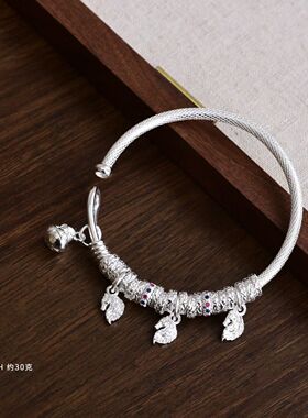 纯银盘缠开口手镯/招财进宝/财源滚滚来足银雪花银傣家熟银食用银