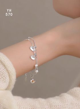 纯银轻奢风手链闪闪发光的杏叶手链/好运连连/雪花银傣家熟银