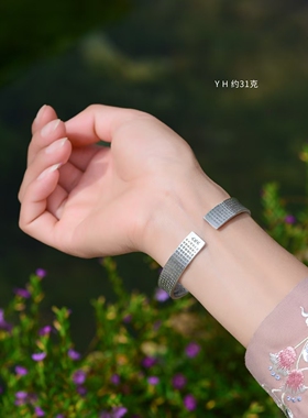 纯银蓝莲花心经做旧手镯/好运连连/吉祥美好/足银雪花银傣家熟银