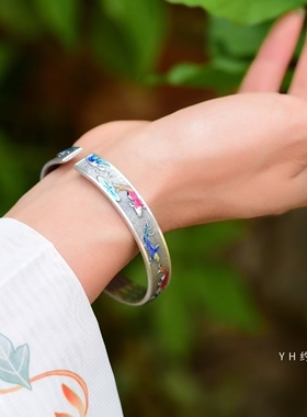 纯银国风做旧珐琅彩佛手莲花鱼优雅心经手镯/吉祥美好/足银雪花银