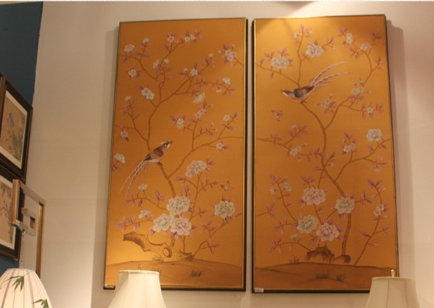 家居主材饰品国画真丝手绘绢画工笔黄底竹鸟图 silk painting