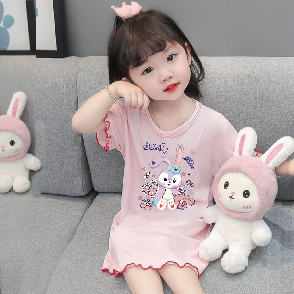 女童冰丝睡衣2023年夏季薄款公主洋气家居服女孩儿童短袖睡裙可爱 - 图0