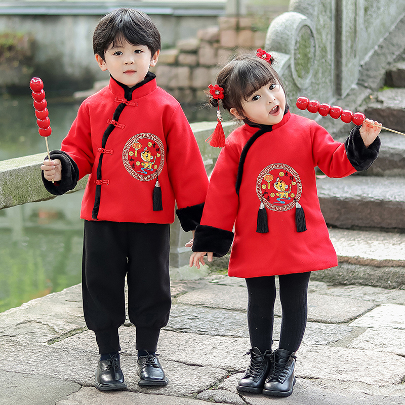 男童唐装套装冬儿童冬季加厚拜年服男女童新年装幼儿园元旦表演服