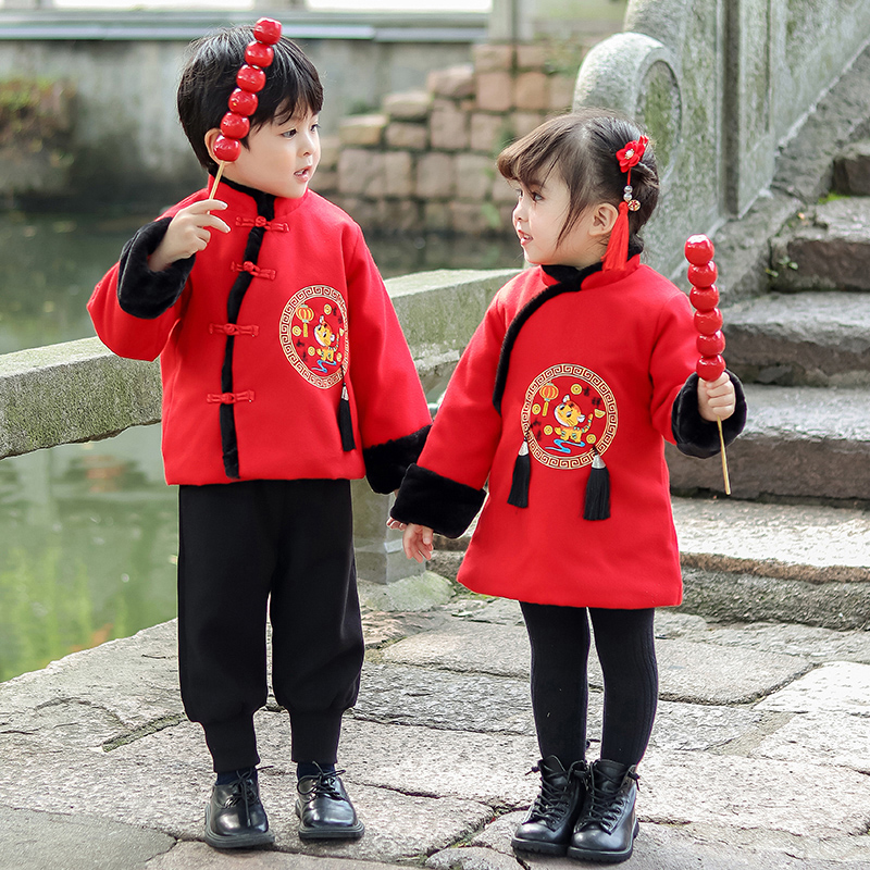 男童唐装套装冬儿童冬季加厚拜年服男女童新年装幼儿园元旦表演服