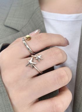 叠戴复古时尚戒指女几何钉子撞色金银字母开口指环小众食指戒