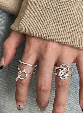 甜酷几何线条戒指女时尚个性创意S925镀银开口链条双层指环食指戒