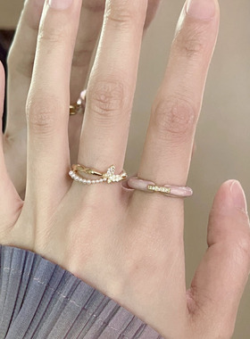 甜酷叠戴蝴蝶戒指女珐琅精致时髦彩色网格花朵S925镀银开口食指环