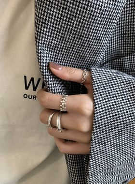 几何线条双层戒指女简约冷淡风气质百搭S925银开口指环镂空食指戒
