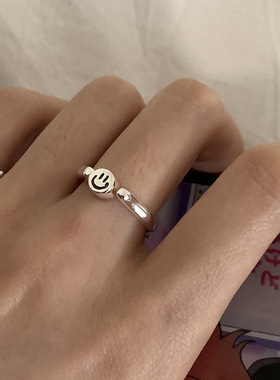 简约微笑脸戒指女韩版时尚个性百搭S925镀银开口指环ins风食指戒