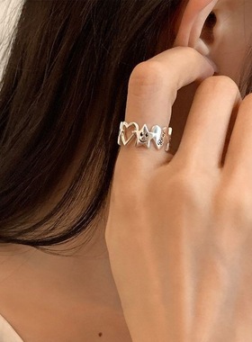 甜酷镂空爱心星星戒指女韩版字母微笑脸个性S925银开口指环食指戒