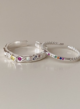 彩色锆石戒指女简约细圈百搭精致开口指环ins风网红个性食指戒潮