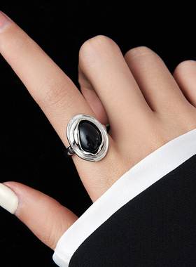 精致黑色锆石戒指女轻奢时尚个性复古S925镀银开口指环网红食指戒