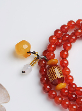 三圈红玛瑙心经桶珠吊苹果手链女