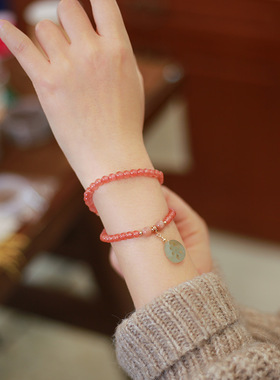 天然双层红玛瑙手链和田玉女手串