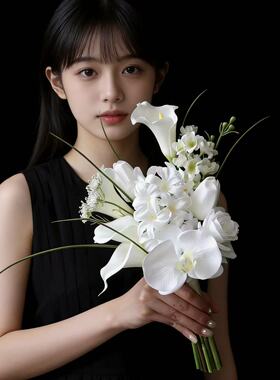 新款浅粉色郁金香马蹄莲手捧花新娘结婚领证订婚仿真花高级定制
