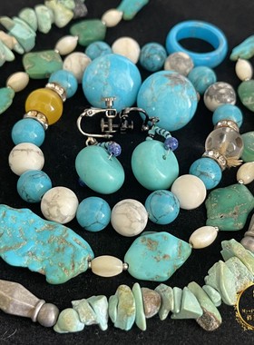 Vintage日本舶来品天然绿松石原矿无优化中古项链手链耳夹戒指Y12