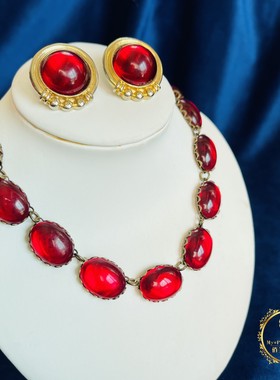 Vintage素金编织镶嵌意大利酒红色老琉璃中古复古项链耳针套装