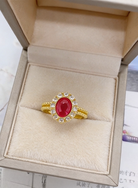 轻奢金色质感红色戒指女款合金镶钻开口指环 送妈妈老婆生日礼物