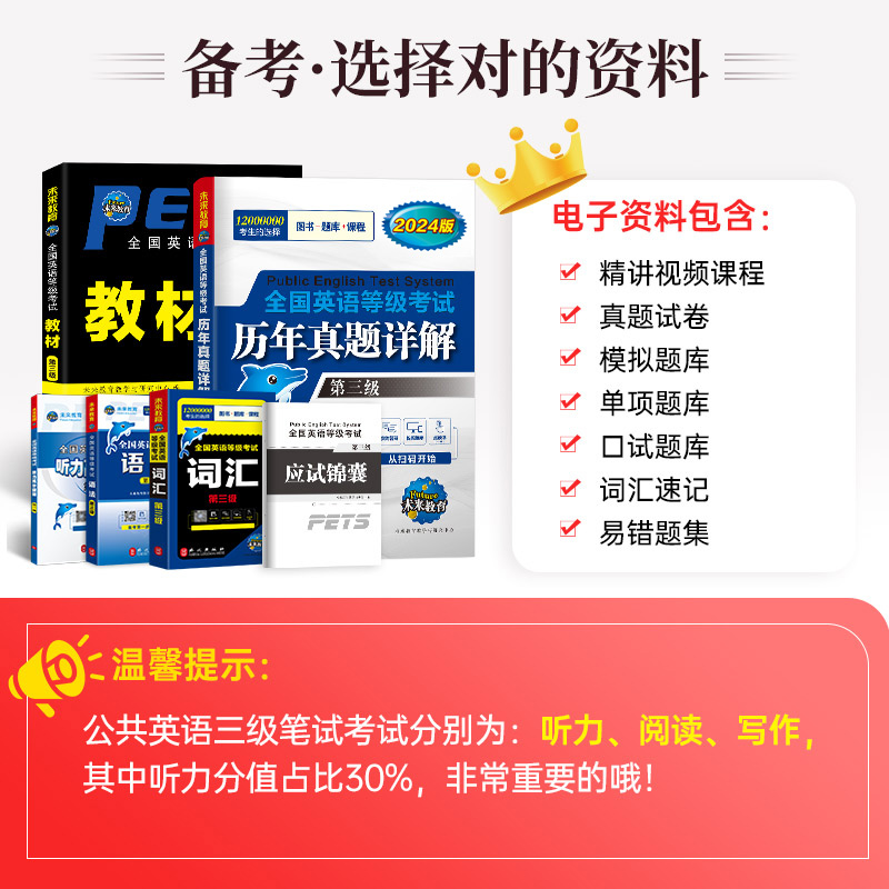 （全套5本）未来教育备考2024年公共英语三级教材历年真题试卷词汇语法听力突破单词书pets3全国英语等级考试资料公三教程3级教材 - 图1