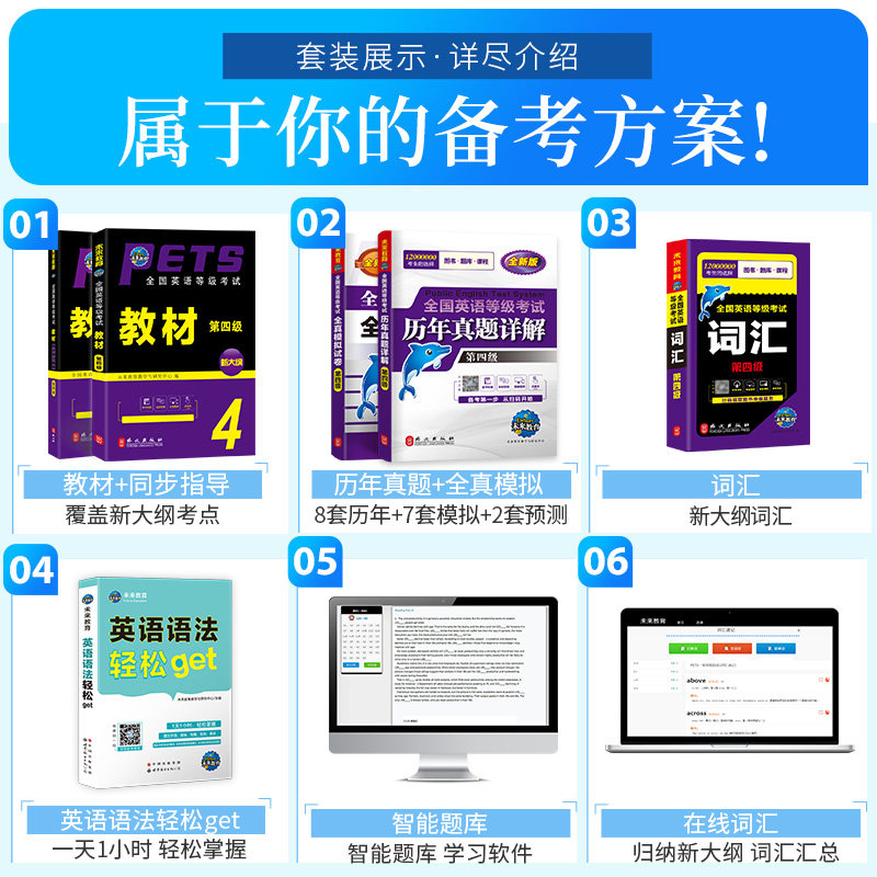 未来教育书课包2026年公共英语四级 PETS4教材+指导+全真模拟+历年真题试卷+词汇+英语语法+口试全国英语等级考试用书pet4资料2025