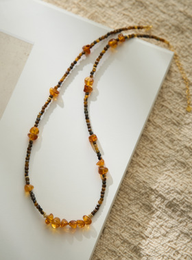 美拉德天然虎眼石琥珀棕色项链