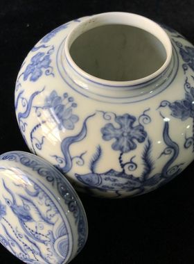 景德镇鱼草纹天子罐盖罐陶瓷茶叶罐家居瓷器青花客厅多宝阁摆件