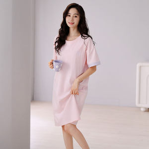 日本MUJIΕ带胸垫睡裙女夏季纯棉短袖睡衣裙薄款夏天孕妇宽松大码