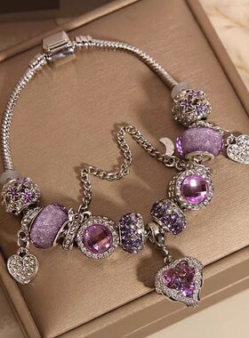 日本MUJIΕins小众轻奢潘家风格手镯女网红森系紫色琉璃珠爱心吊