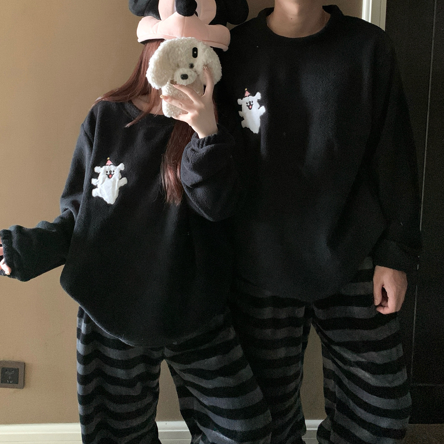 线条小狗睡衣女款秋冬季加绒加厚情侣款套装冬天珊瑚绒男士家居服 - 图2